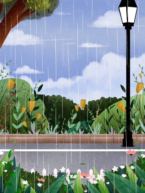 手绘春季雨水花丛道路背景设计