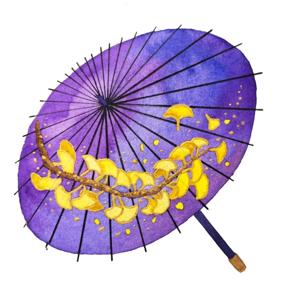 油纸伞紫色金黄银杏叶中国古典PNG