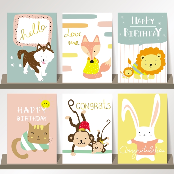 可爱卡通动物生日快乐海报贺卡矢量素材