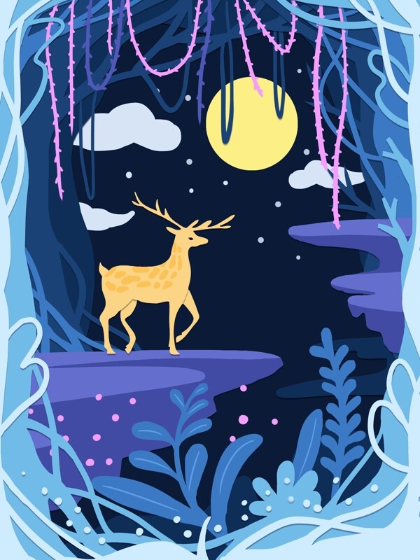 蓝色清新森林与鹿剪纸风插画