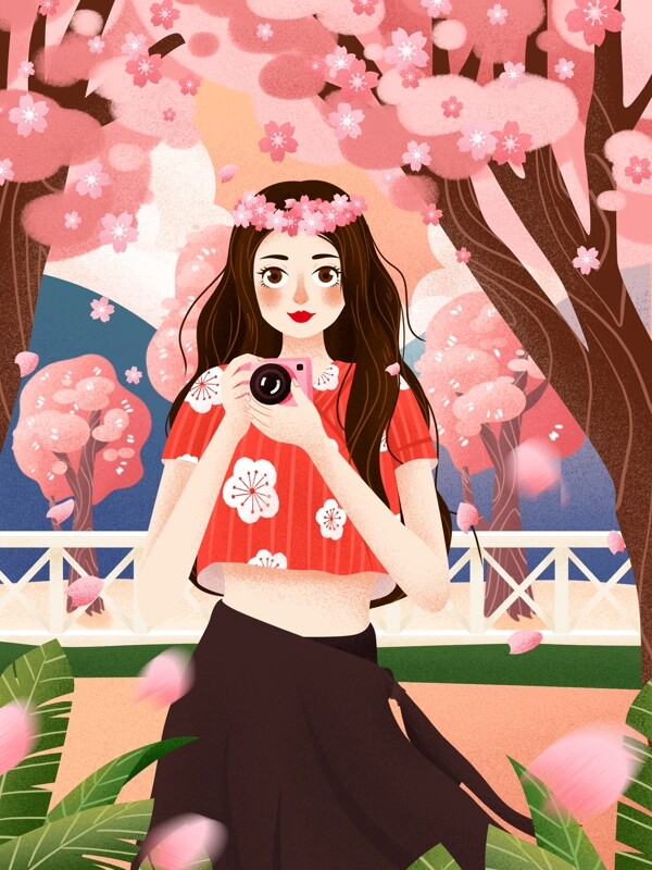 唯美日本樱花季樱花树下拍照女孩插画