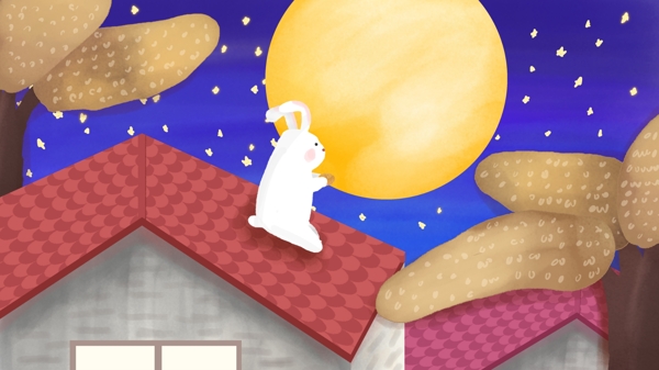 中秋节月亮兔子屋顶赏月秋天手绘治愈