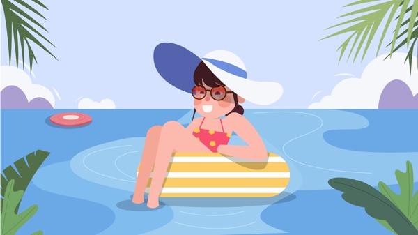 大暑二十四节气传统节气海边游泳太阳帽女孩