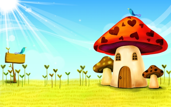 小草蘑菇房小鸟蓝天梦幻卡通图片
