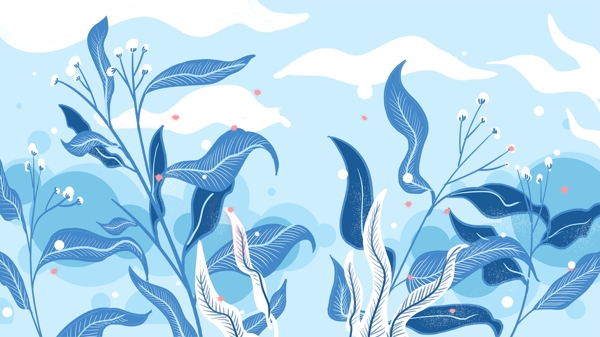蓝色花朵叶子卡通背景