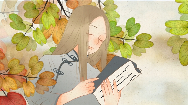 古典纹理民国风秋天在树下看书的女学生