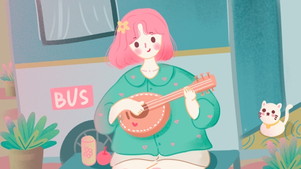 一个人旅行猫咪弹琴弹吉他治愈可爱女生