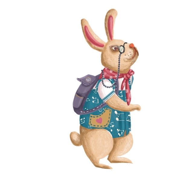 复古肌理背着背包去旅行的兔子插画设计