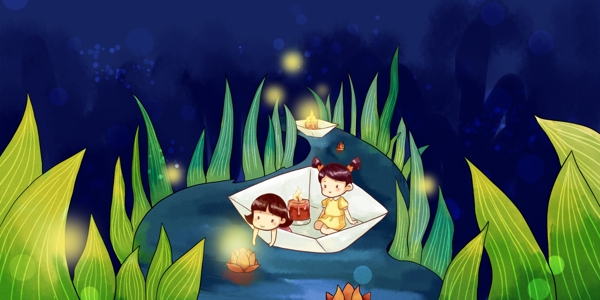 夜空下的小溪中放花灯的卡通女孩和绿叶背景