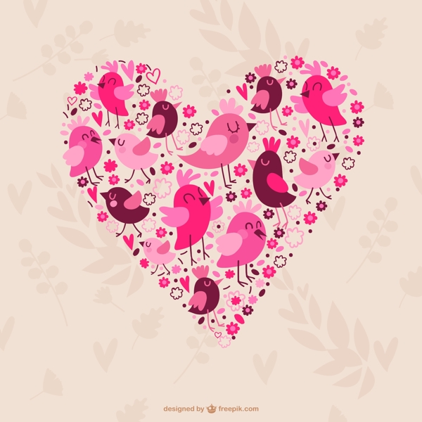 粉色小鸟组合爱心设计矢量素材.