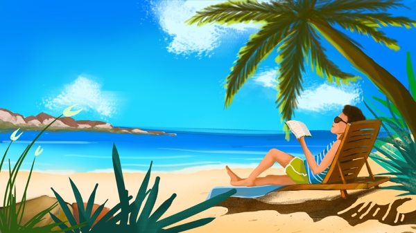 假日沙滩中的日光浴插画