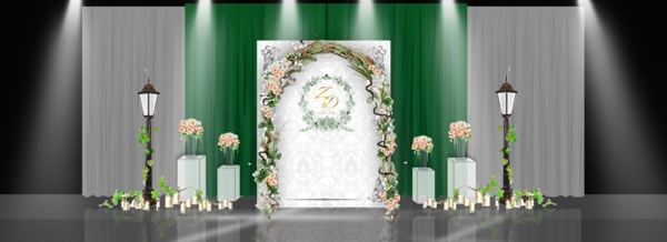 灰绿色婚礼迎宾背景花艺拱门