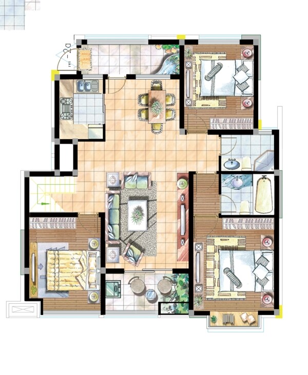 手绘彩色家装户型图