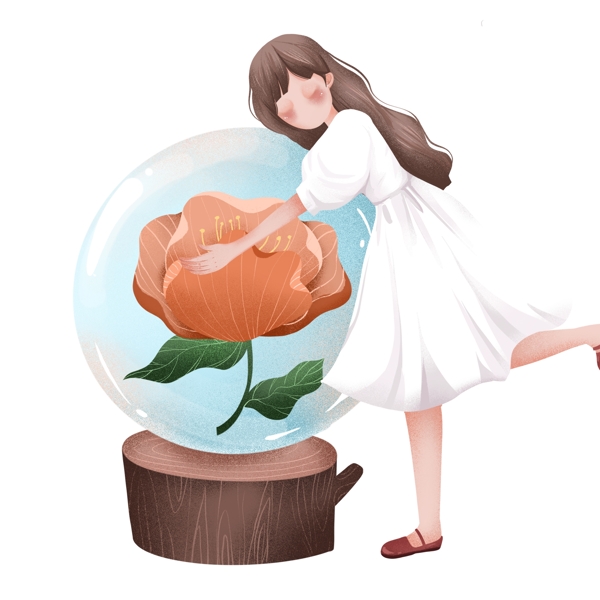 复古肌理手绘抱着玻璃球的女孩