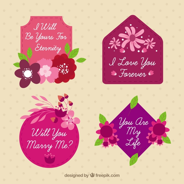 四个复古风格浪漫花卉装饰贴纸