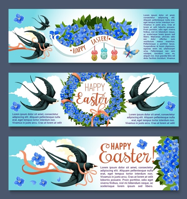 三款蓝色花朵燕子元素复活节海报