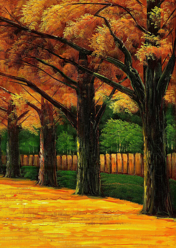 秋季金黄树叶风景装饰画