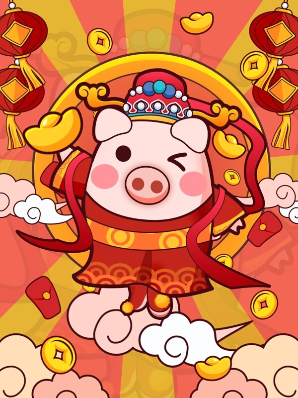 潮漫卡通新年猪年插画