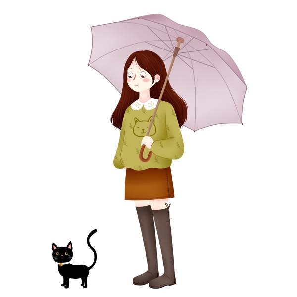雨伞下的女孩和小猫免抠元素