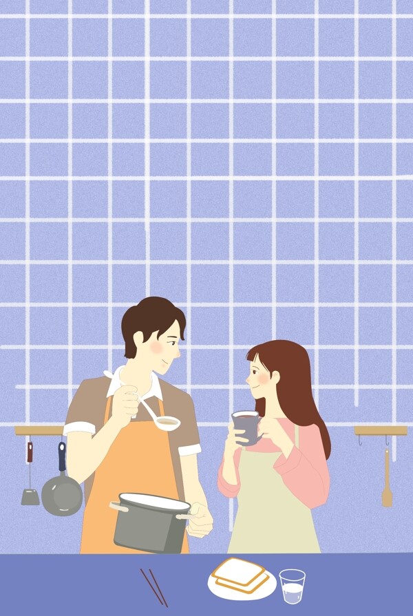 情侣假期做饭温馨食物插画海报