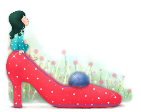 红色梦幻高跟鞋与卡通小女孩