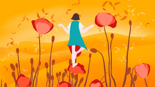 传统节气立秋站在花上的女孩手绘海报插画