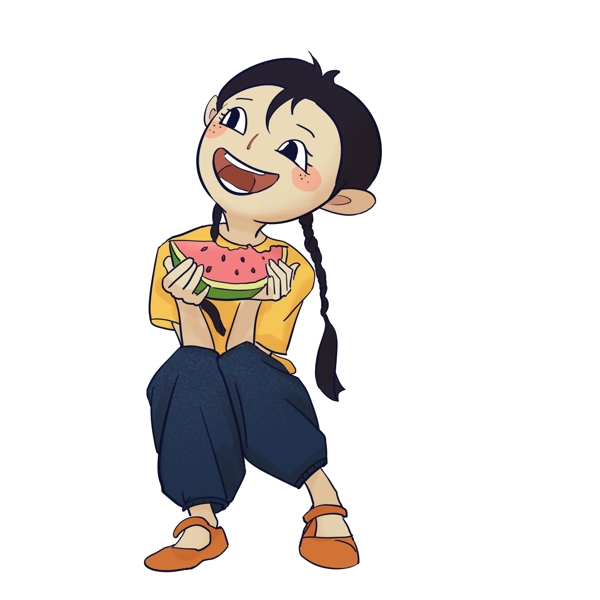 彩绘可爱吃西瓜的女孩子