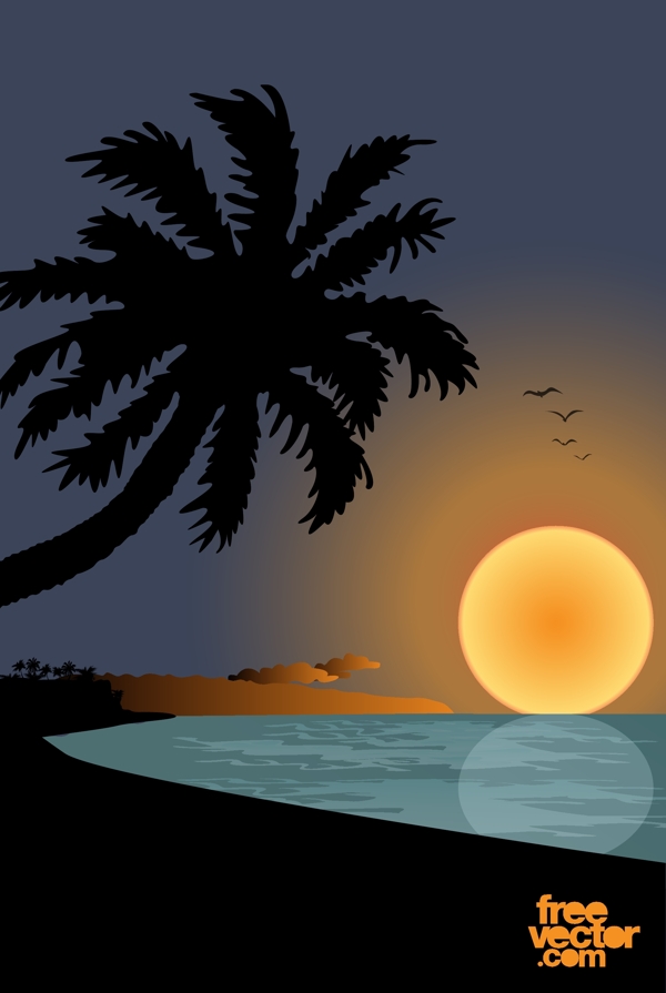 夕阳海滩背景矢量图素材