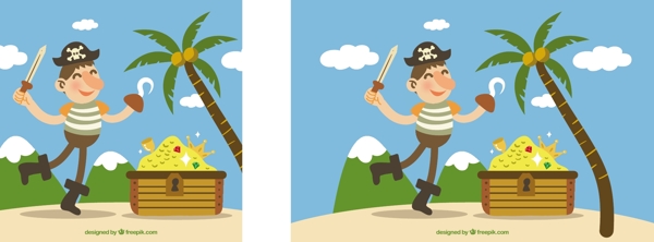 有趣的海盗与宝藏椰树背景