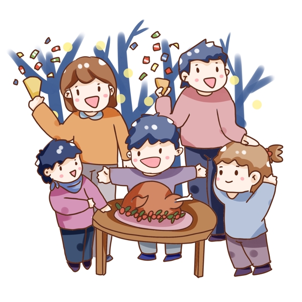 手绘卡通感恩节吃火鸡