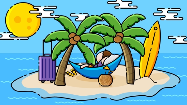 MBE沙滩度假椰子树冲浪扁平矢量插画行李