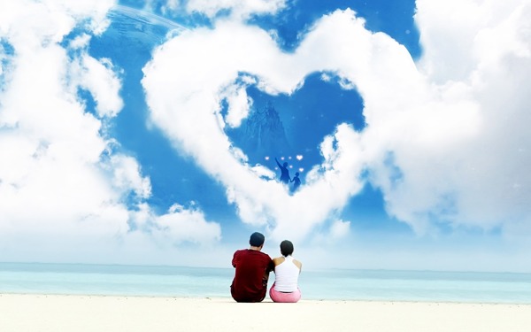 情人节情侣人物桌面壁纸爱心云彩云朵海边