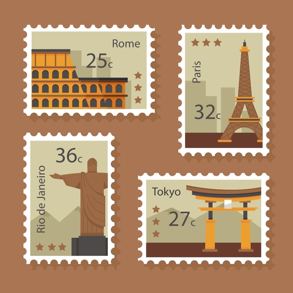 四张著名城市邮票