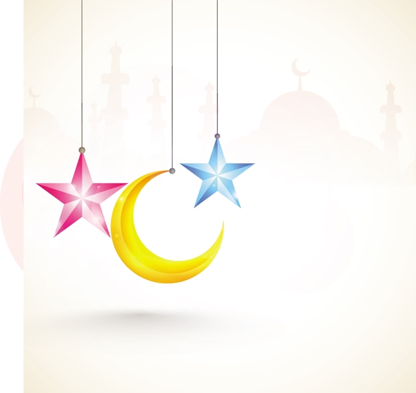 金新月和星星挂在清真寺映衬背景的节日庆典EidMubarak