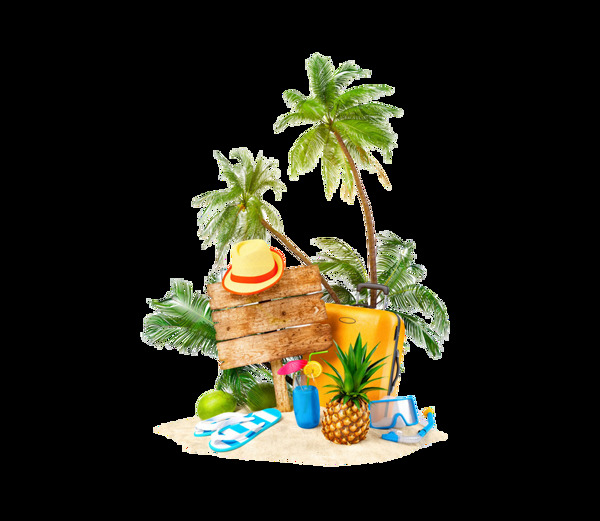 卡通椰子树海滩旅游png元素