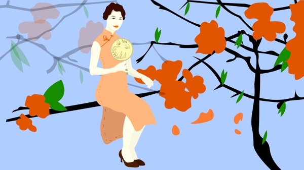 海棠树上的旗袍女人插画