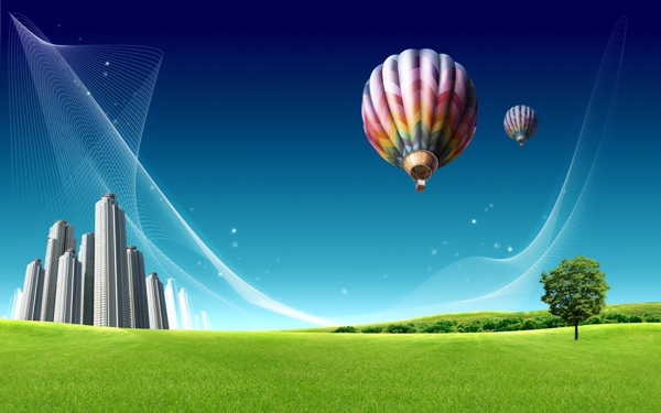 草地与高楼大厦热气球图片