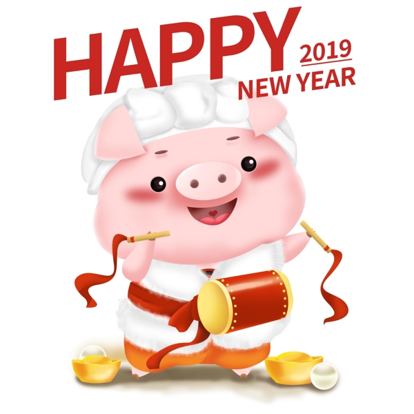 新年可爱猪立体IP卡通形象插画跳秧歌