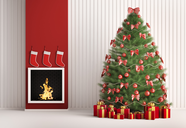 红色壁炉和圣诞树