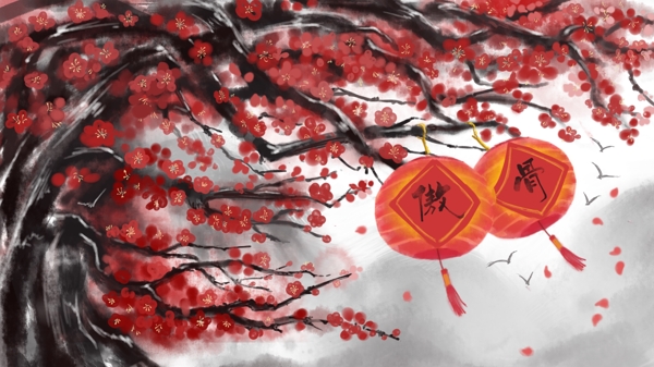 中国风复古水墨冬季梅花腊梅红梅灯笼手绘