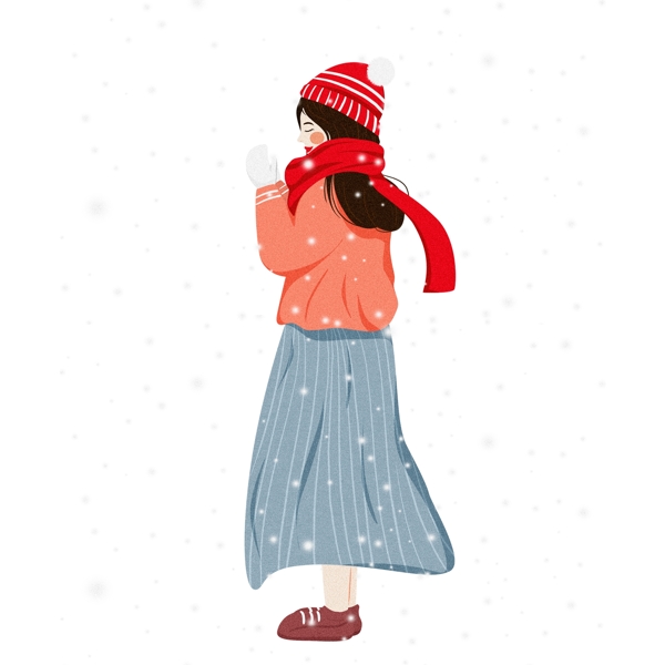 手绘文艺大雪中的少女插画设计