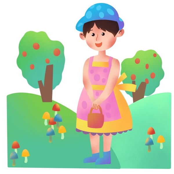 春游女孩和果树插画