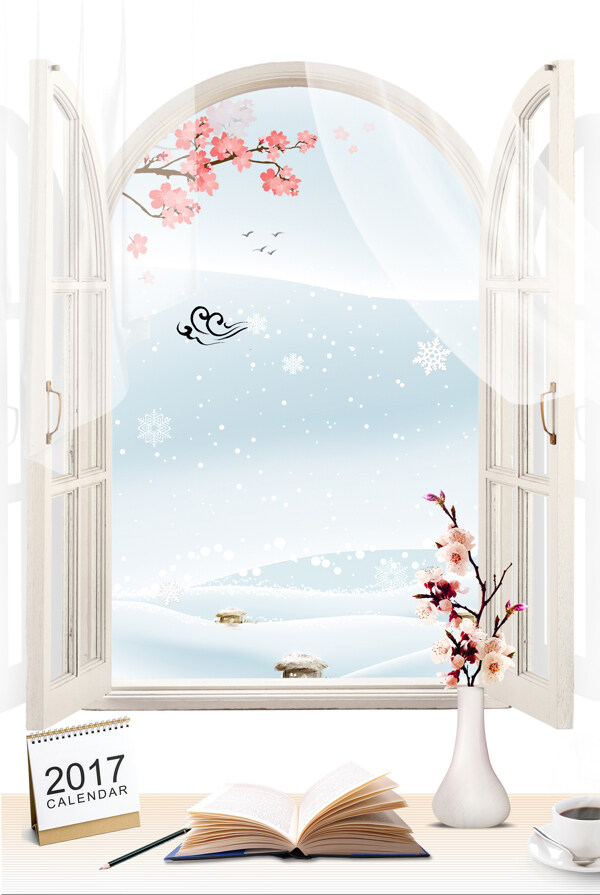 小清新雪花窗户背景
