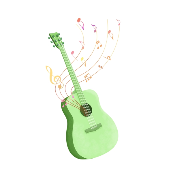 手绘渐变漂浮音符环绕乐器绿色吉他装饰图案