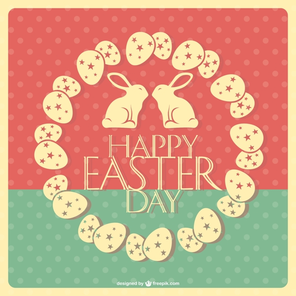 复古快乐复活节卡片与鸡蛋在一个圆圈和两只兔子接吻