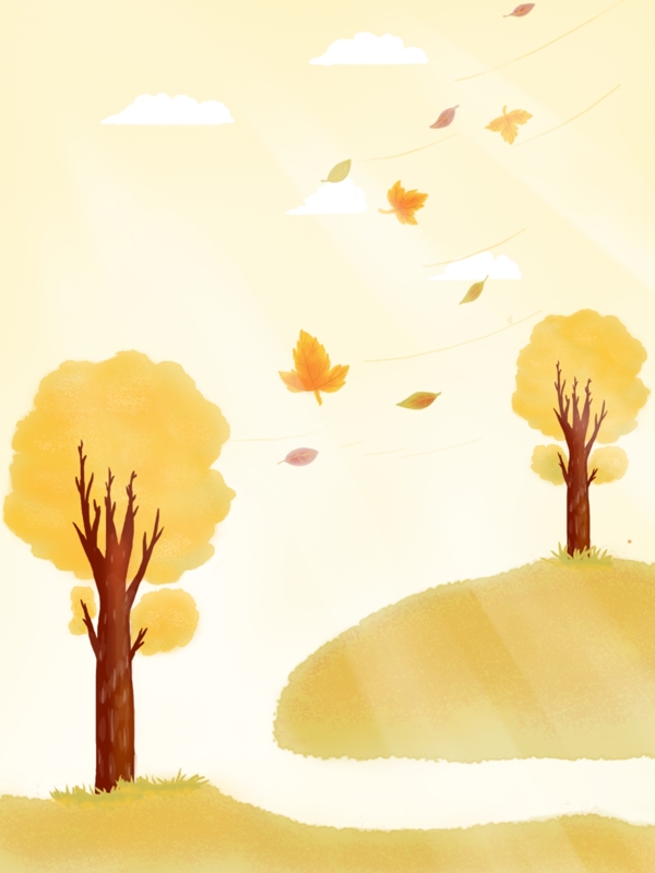 原创手绘秋天的公园插画风枫叶飘落海报背景