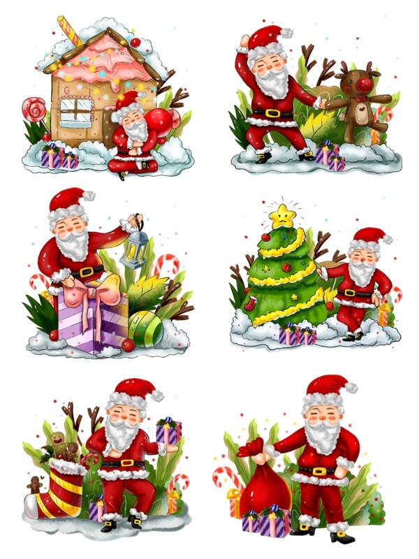 商用手绘圣诞节日圣诞老人圣诞素材植物元素