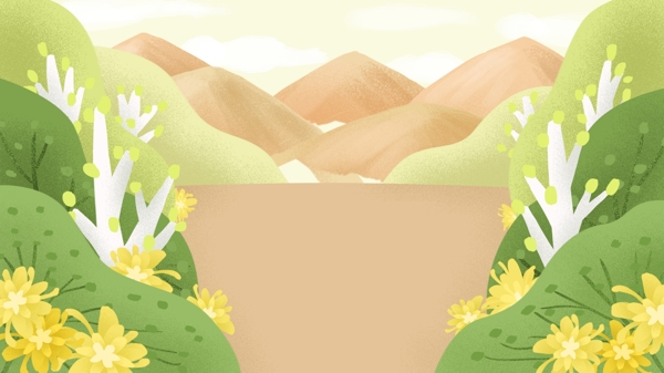 手绘菊花植物和远山背景设计