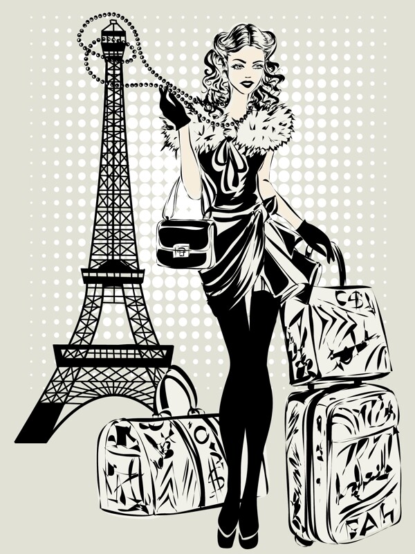 巴黎旅游的时尚女性插画