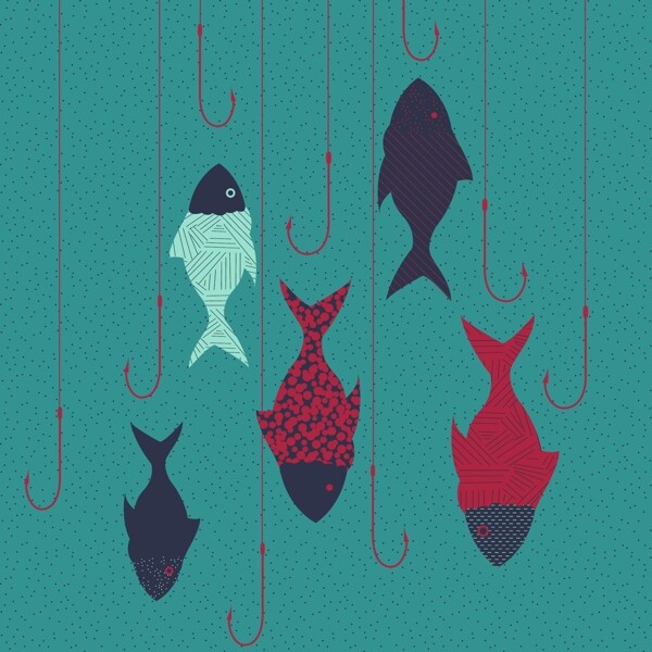 印花矢量图动物图案鱼鱼钩免费素材